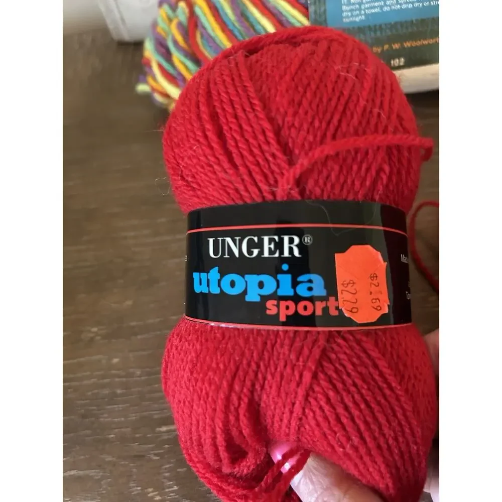 Vtg Mixed Lot Of Unger Yarn Skeins Variegated Rainbow Colors And Red, Acrylic